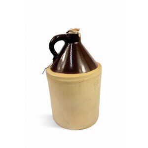 Antique Stoneware Jug • Two-Tone Brown & Cream Crock • Rustic Farmhouse Decor •